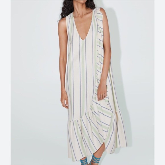 ZARA Dress Small Sleeveless Ruffle Cotton Midi Dress Stripe Cream Green Rustic - Picture 3 of 9